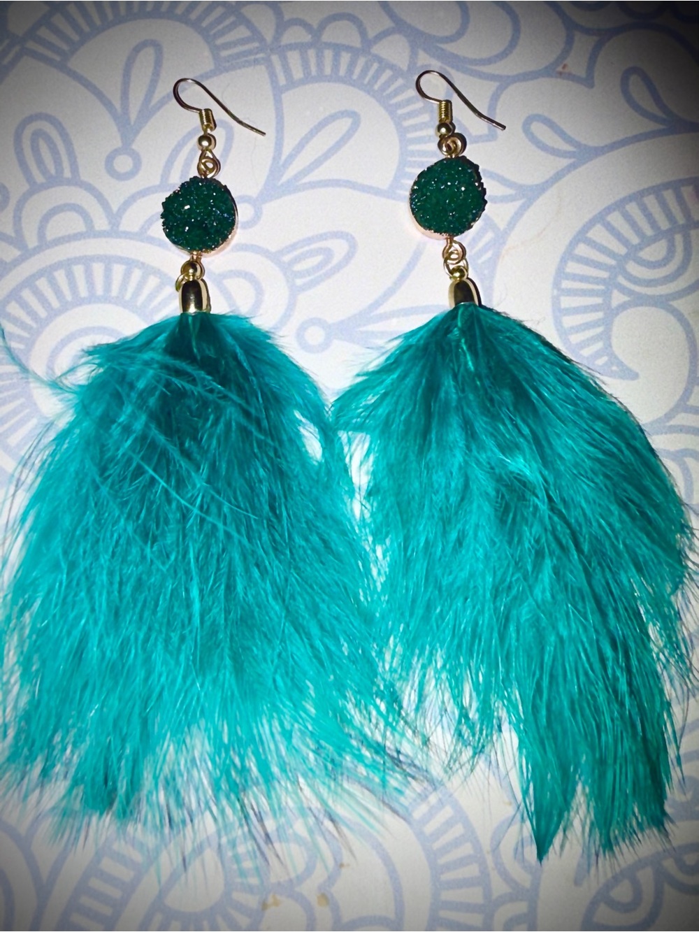 ☀️ 3/$15 ☀️ Teal Feather Drop Earrings with Druzy Accent
